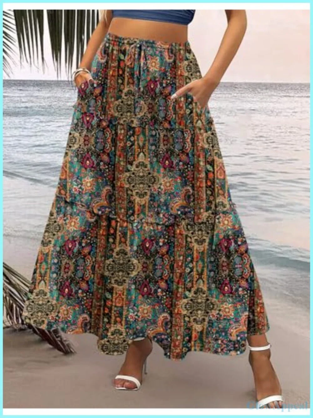 Boho Floral Maxi Skirt High Waist A-Line Long Flowy Skirt with Pockets